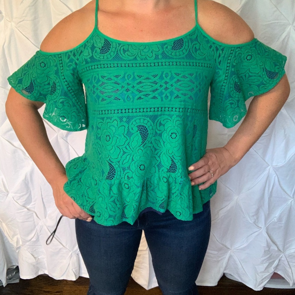Green off the shoulder lace overlay top